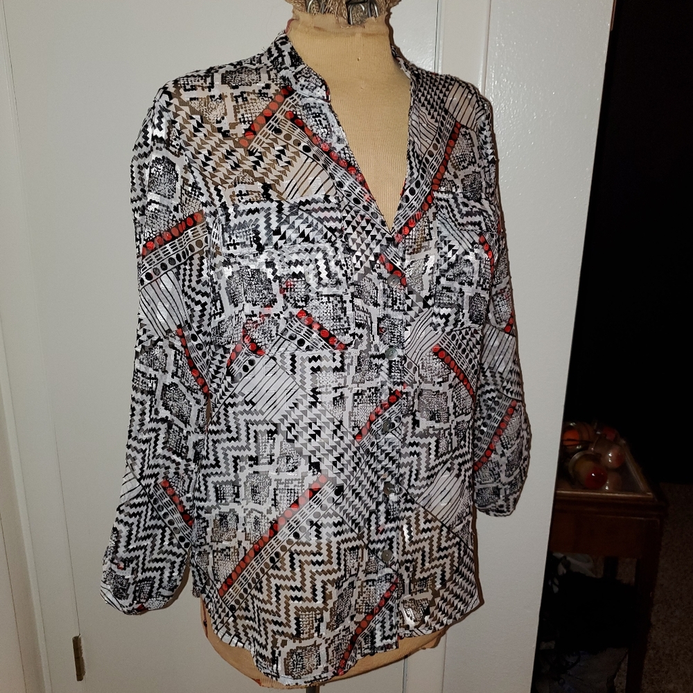 Ruby Rd. Black, white & red sheer button down